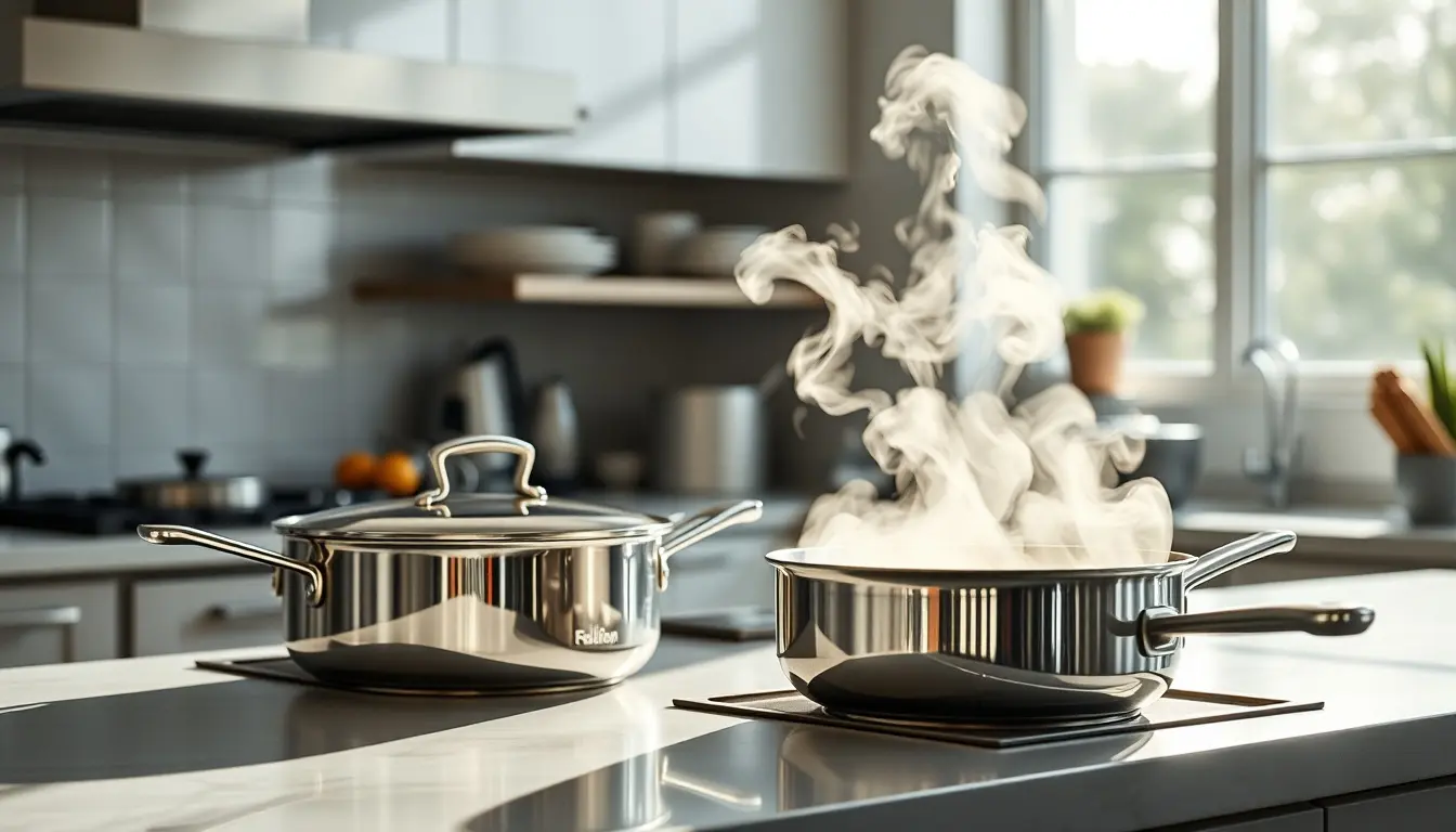 Batterie de cuisine inox étincelante sur un plan de travail en marbre ensoleillé
