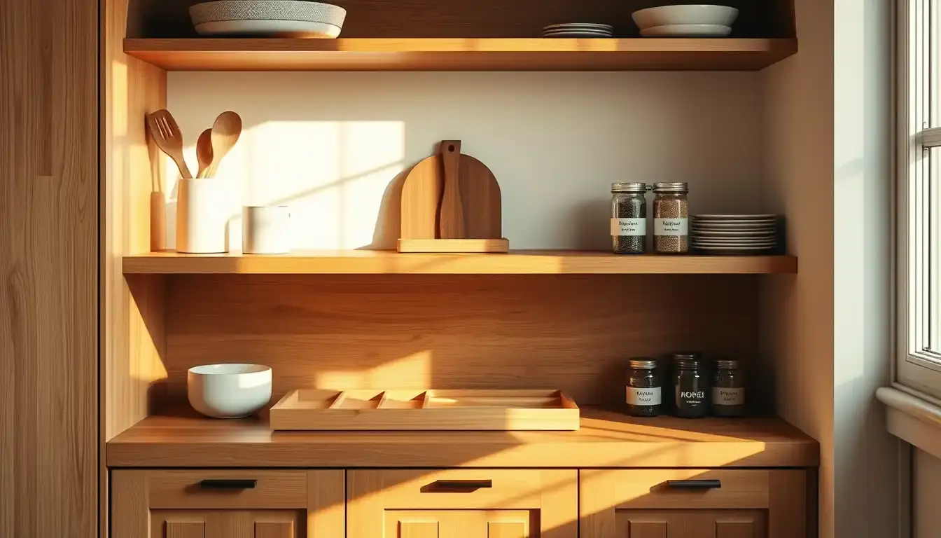 Buffet pour la cuisine organisé avec des bocaux à épices et un range-couverts en bambou