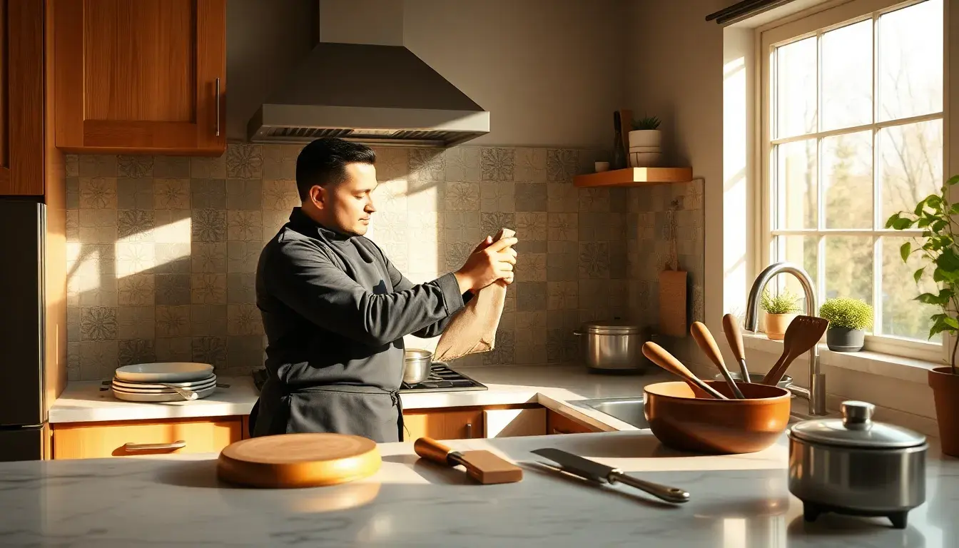 Installation de carrelage mural pour cuisine avec outils professionnels sur comptoir