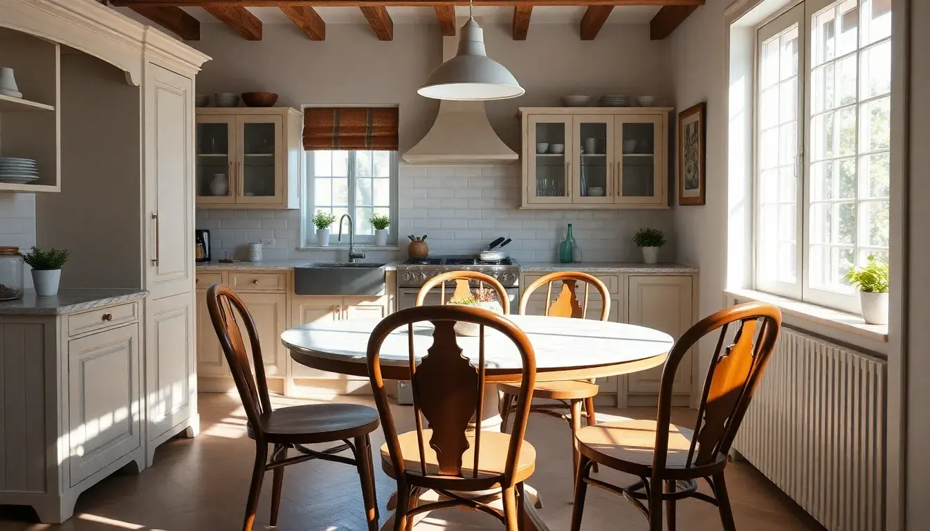 Chaises de cuisine en bois élégantes autour d'une table en marbre dans une cuisine ensoleillée.