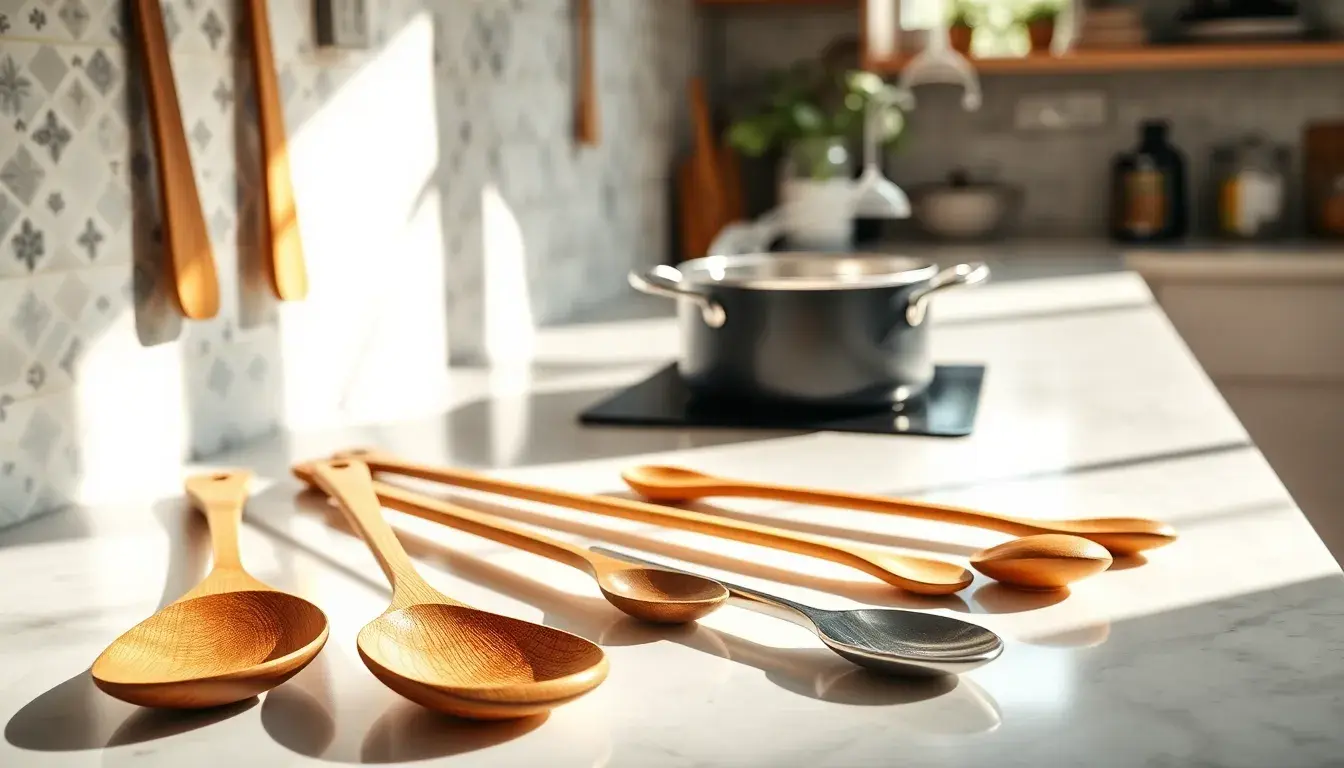 Assortiment de cuillères de cuisine en bois et silicone sur un plan de travail ensoleillé.