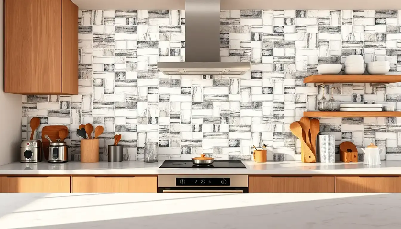 Crédence adhésive cuisine en mosaïque installée sur un mur de cuisine moderne ensoleillé.